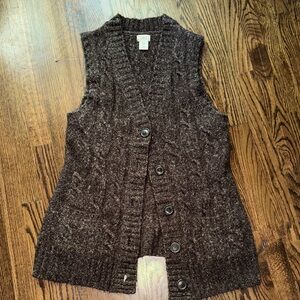 L.L.Bean cable knit Brown Button-Up Knit Sweater Vest with front pockets